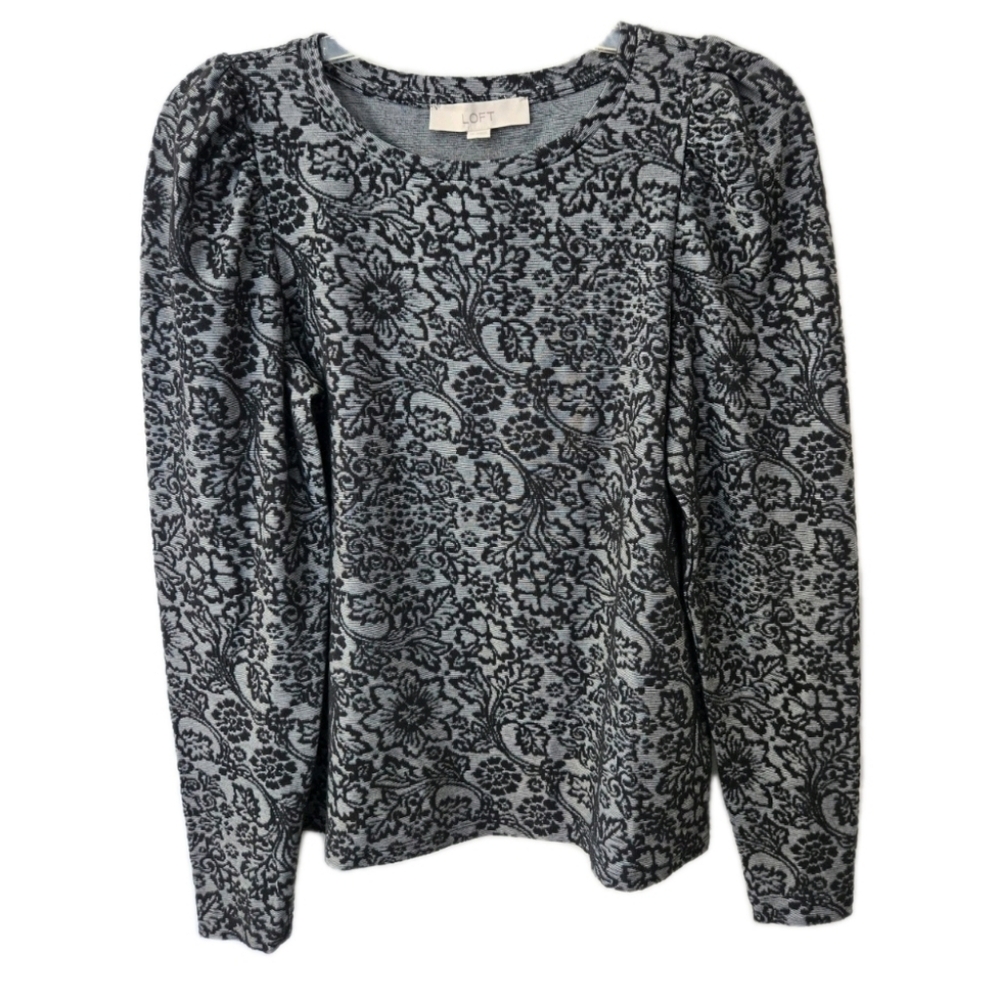 Loft Dark Romance Jacquard Top Puff Sleeve Floral Knit Warm Black Gray XS